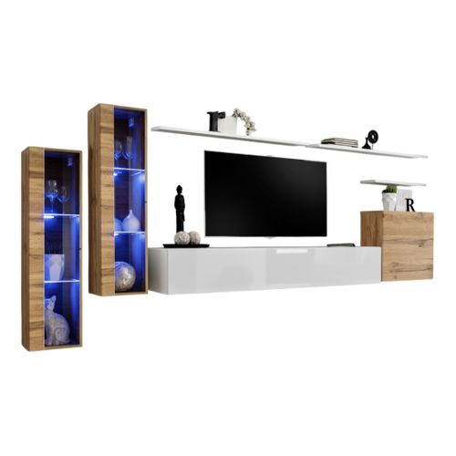 Ensemble Meuble Salon Mural Switch Xi Design, Coloris Blanc Brillant Et Chêne Wotan.