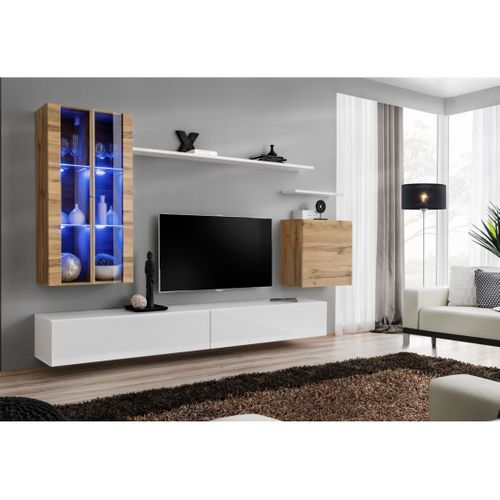 Ensemble Meuble Salon Mural Switch Xii Design, Coloris Blanc Brillant Et Chêne Wotan.