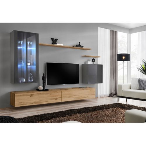 Ensemble Meuble Salon Mural Switch Xii Design, Coloris Chêne Wotan Et Gris Brillant.