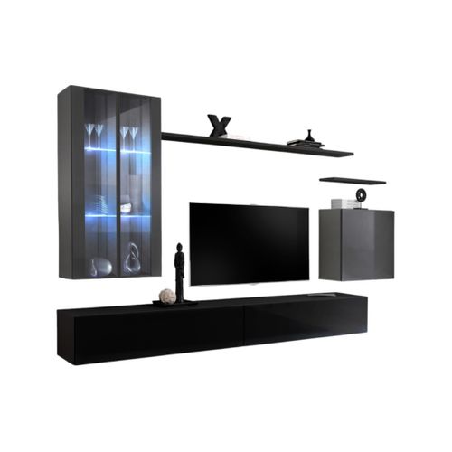 Ensemble Meuble Salon Mural Switch Xii Design, Coloris Noir Et Gris Brillant.