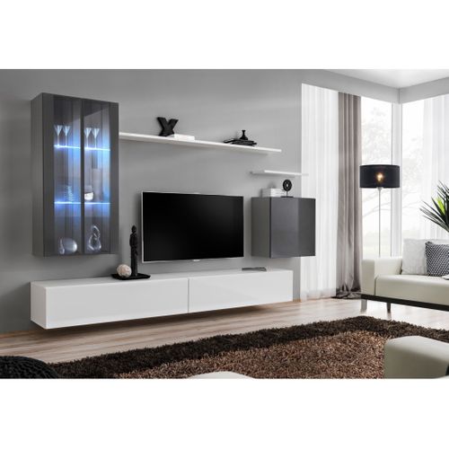 Ensemble Meuble Salon Mural Switch Xii Design, Coloris Blanc Et Gris Brillant.
