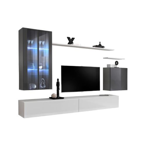 Ensemble Meuble Salon Mural Switch Xii Design, Coloris Blanc Et Gris Brillant.