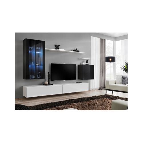 Ensemble Meuble Salon Mural Switch Xii Design, Coloris Blanc Et Noir Brillant.