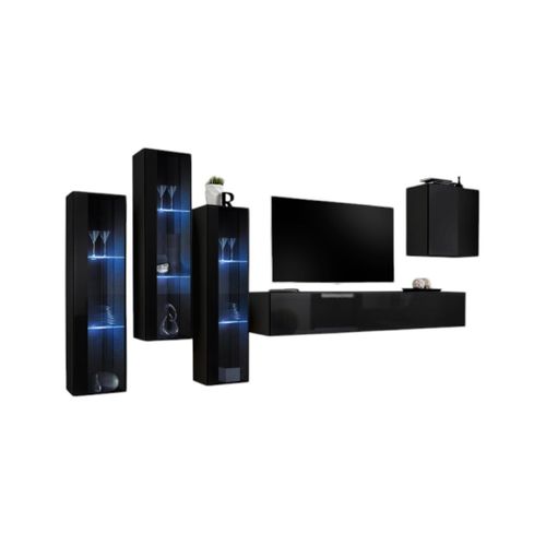 Ensemble Meuble Salon Mural Switch Xiii Design, Coloris Noir Brillant.