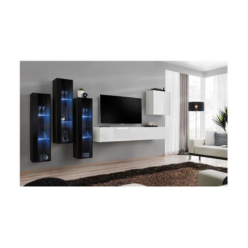 Ensemble Meuble Salon Mural Switch Xiii Design, Coloris Blanc Brillant Et Noir.