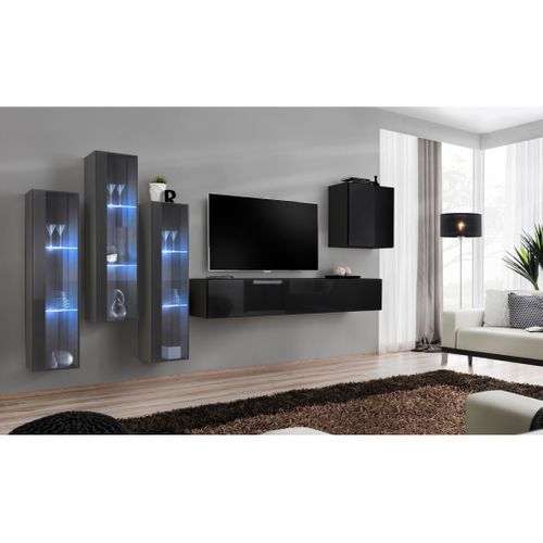 Ensemble Meuble Salon Mural Switch Xiii Design, Coloris Noir Brillant Et Gris.