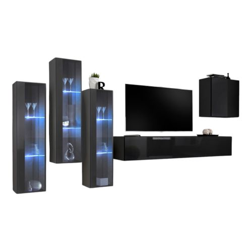 Ensemble Meuble Salon Mural Switch Xiii Design, Coloris Noir Brillant Et Gris.