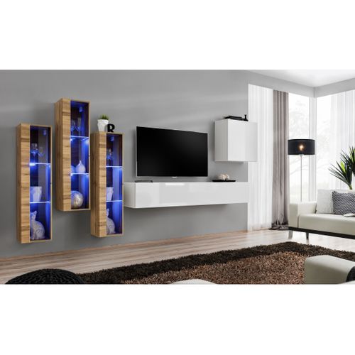 Ensemble Meuble Salon Mural Switch Xiii Design, Coloris Blanc Brillant Et Chêne Wotan.
