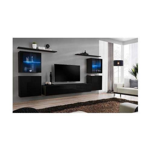 Ensemble Meuble Salon Mural Switch Xiv Design, Coloris Noir Brillant.