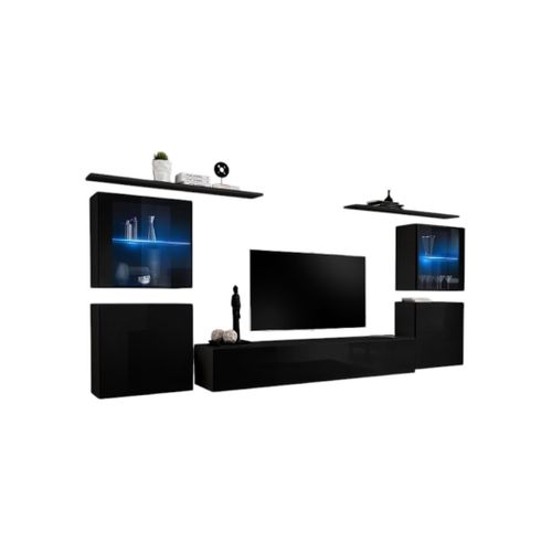 Ensemble Meuble Salon Mural Switch Xiv Design, Coloris Noir Brillant.
