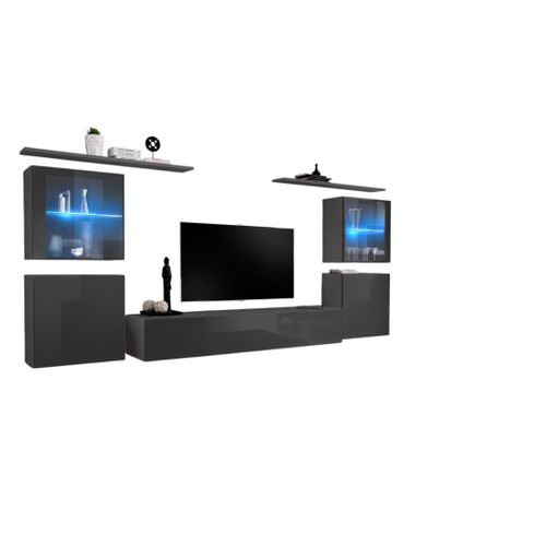 Ensemble Meuble Salon Mural Switch Xiv Design, Coloris Gris Brillant.