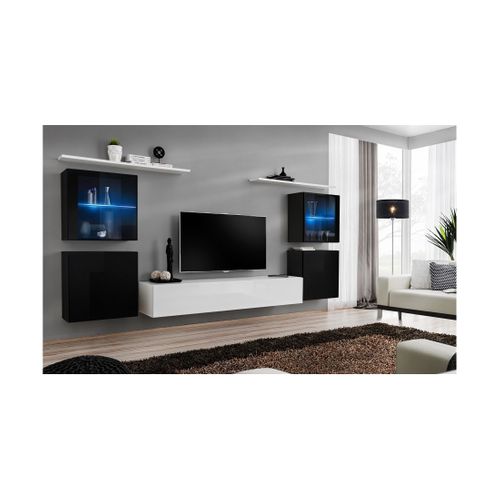 Ensemble Meuble Salon Mural Switch Xiv Design, Coloris Blanc Et Noir Brillant.