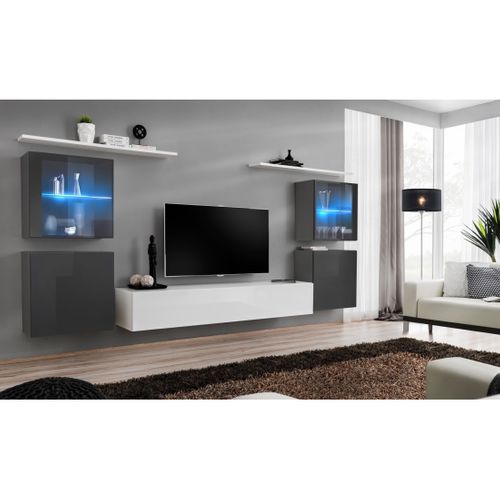 Ensemble Meuble Salon Mural Switch Xiv Design, Coloris Blanc Et Gris Brillant.