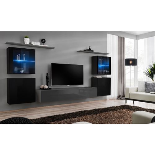 Ensemble Meuble Salon Mural Switch Xiv Design, Coloris Gris Et Noir Brillant.