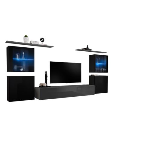 Ensemble Meuble Salon Mural Switch Xiv Design, Coloris Gris Et Noir Brillant.