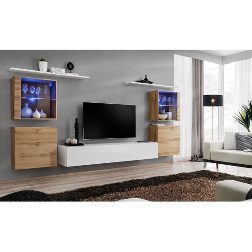 Ensemble Meuble Salon Mural Switch Xiv Design, Coloris Blanc Brillant Et Chêne Wotan.