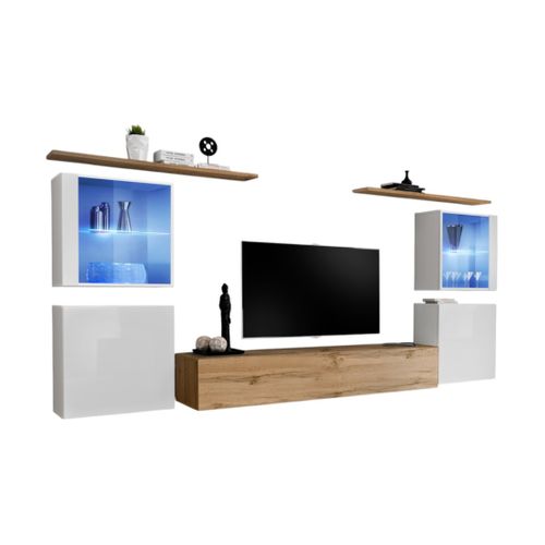 Ensemble Meuble Salon Mural Switch Xiv Design, Coloris Chêne Wotan Et Blanc Brillant.
