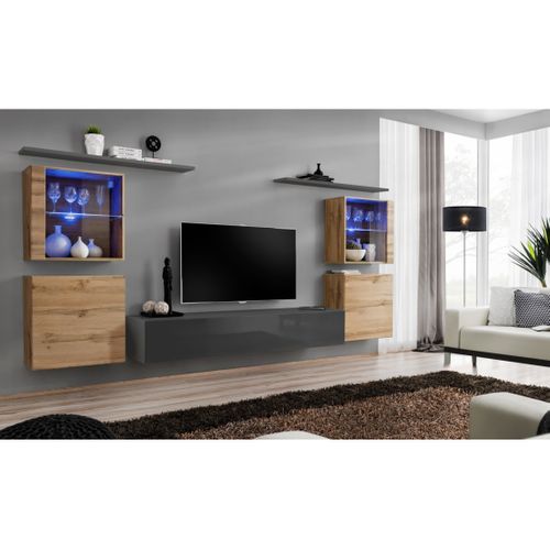 Ensemble Meuble Salon Mural Switch Xiv Design, Coloris Gris Brillant Et Chêne Wotan.