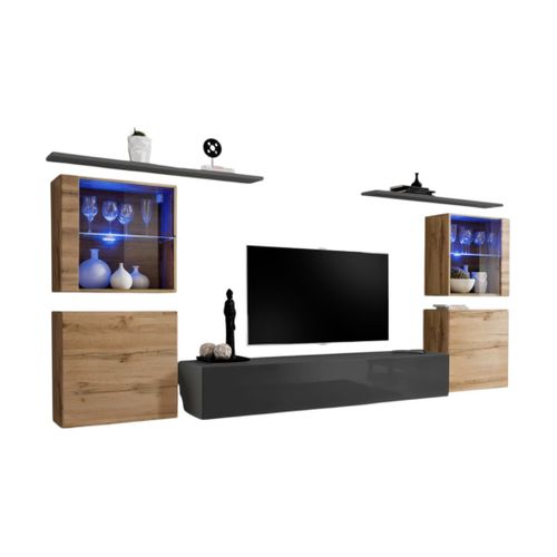Ensemble Meuble Salon Mural Switch Xiv Design, Coloris Gris Brillant Et Chêne Wotan.