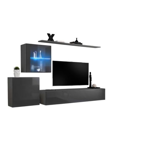 Ensemble Meuble Salon Mural Switch Xv Design, Coloris Gris Brillant.