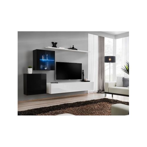 Ensemble Meuble Salon Mural Switch Xv Design, Coloris Blanc Et Noir Brillant.