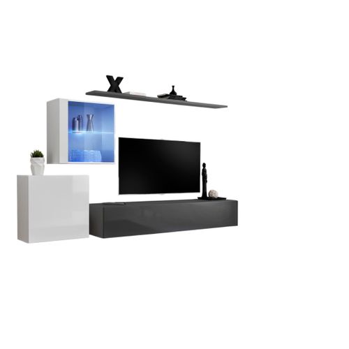 Ensemble Meuble Salon Mural Switch Xv Design, Coloris Gris Et Blanc Brillant.