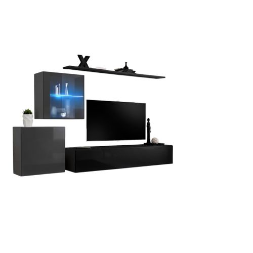 Ensemble Meuble Salon Mural Switch Xv Design, Coloris Noir Et Gris Brillant.