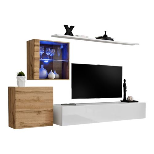 Ensemble Meuble Salon Mural Switch Xv Design, Coloris Blanc Brillant Et Chêne Wotan.