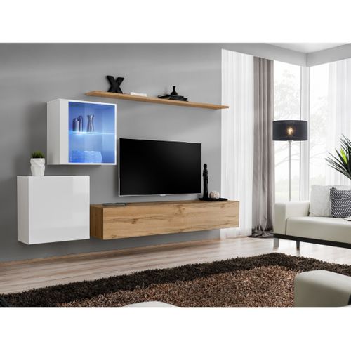 Ensemble Meuble Salon Mural Switch Xv Design, Coloris Chêne Wotan Et Blanc Brillant.
