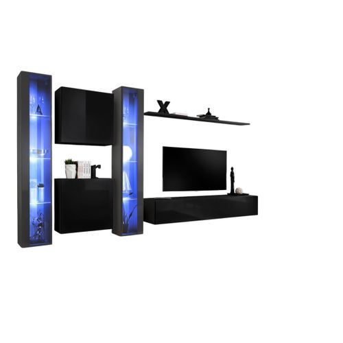 Ensemble Meuble Salon Mural Switch Xvi Design, Coloris Noir Et Gris Brillant.