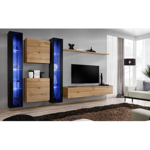 Ensemble Meuble Salon Mural Switch Xvi Design, Coloris Chêne Wotan Et Noir Brillant.