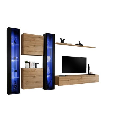 Ensemble Meuble Salon Mural Switch Xvi Design, Coloris Chêne Wotan Et Noir Brillant.