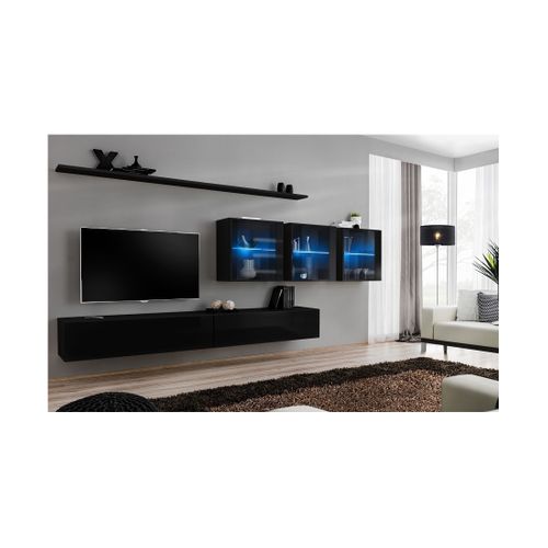 Ensemble Meuble Salon Mural Switch Xvii Design, Coloris Noir Brillant.