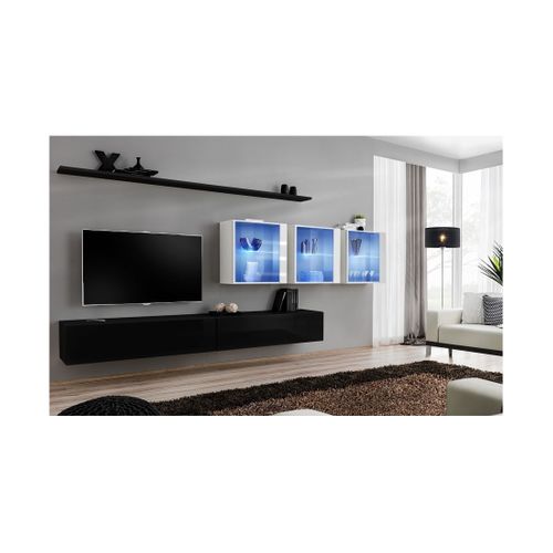 Ensemble Meuble Salon Mural Switch Xvii Design, Coloris Noir Et Blanc Brillant.