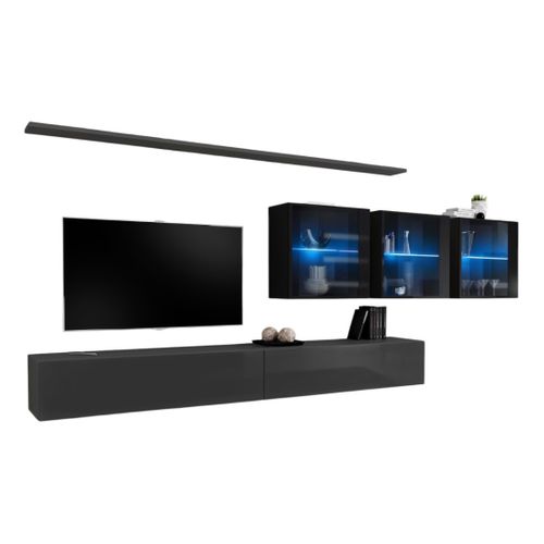 Ensemble Meuble Salon Mural Switch Xvii Design, Coloris Gris Et Noir Brillant.