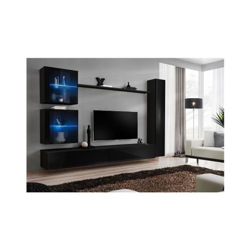 Ensemble Meuble Salon Mural Switch Xviii Design, Coloris Noir Brillant.