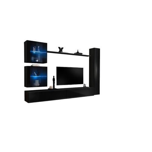 Ensemble Meuble Salon Mural Switch Xviii Design, Coloris Noir Brillant.