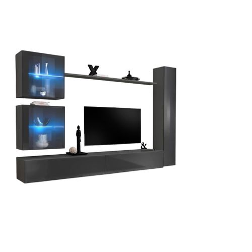 Ensemble Meuble Salon Mural Switch Xviii Design, Coloris Gris Brillant.