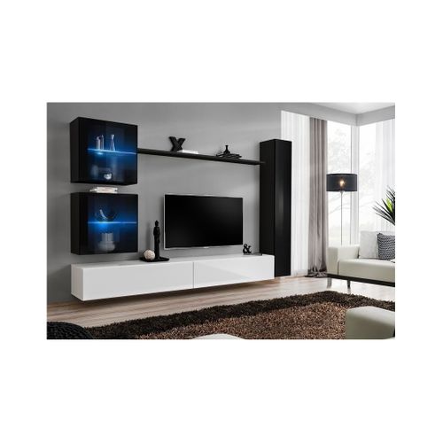 Ensemble Meuble Salon Mural Switch Xviii Design, Coloris Blanc Et Noir Brillant.