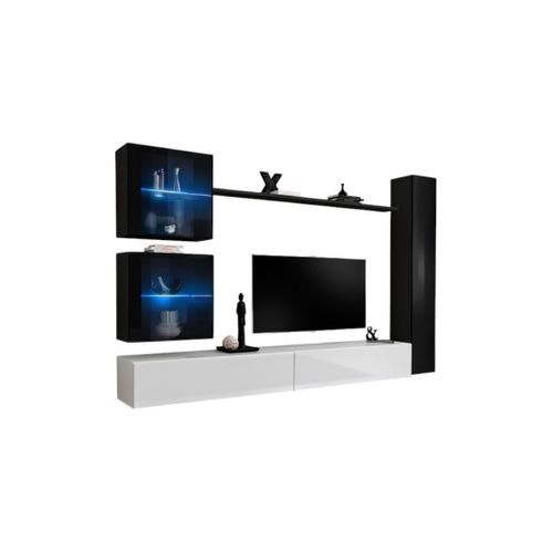 Ensemble Meuble Salon Mural Switch Xviii Design, Coloris Blanc Et Noir Brillant.