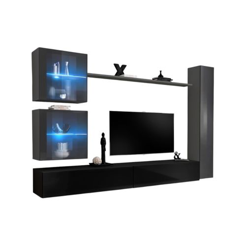Ensemble Meuble Salon Mural Switch Xviii Design, Coloris Noir Et Gris Brillant.