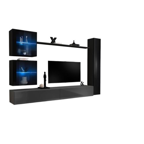 Ensemble Meuble Salon Mural Switch Xviii Design, Coloris Gris Et Noir Brillant.