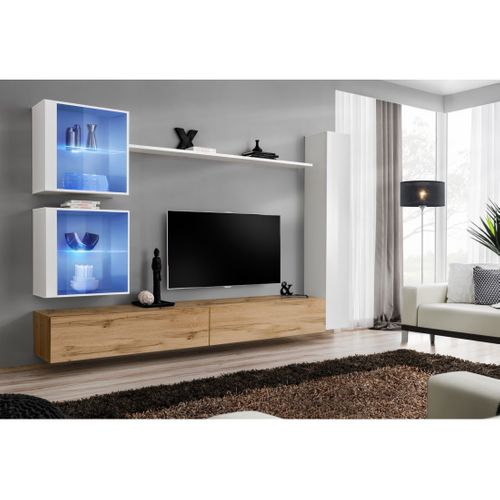 Ensemble Meuble Salon Mural Switch Xviii Design, Coloris Chêne Wotan Et Blanc Brillant.
