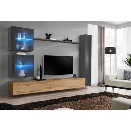 Ensemble Meuble Salon Mural Switch Xviii Design, Coloris Chêne Wotan Et Gris Brillant.