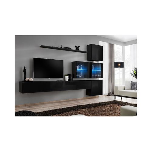 Ensemble Meuble Salon Mural Switch Xix Design, Coloris Noir Brillant.