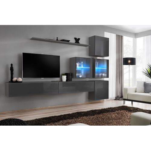 Ensemble Meuble Salon Mural Switch Xix Design, Coloris Gris Brillant.