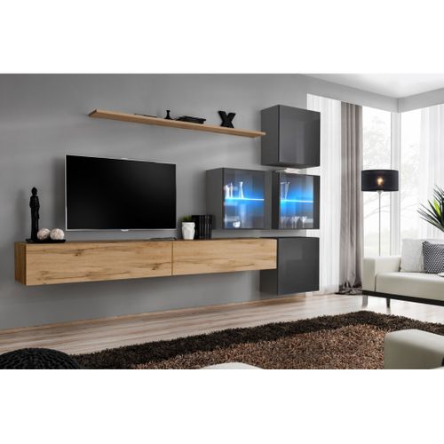 Ensemble Meubles De Salon Switch Xix Design, Coloris Chêne Wotan Et Gris Brillant.