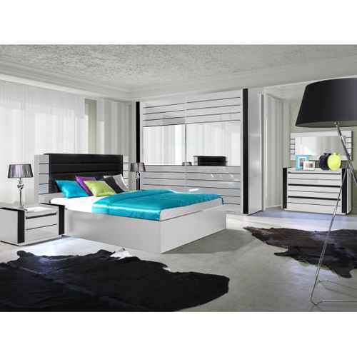 Lit King Size 180 Cm Blanc Et Noir Brillant Avec Coffre Et Finition Simili Cuir