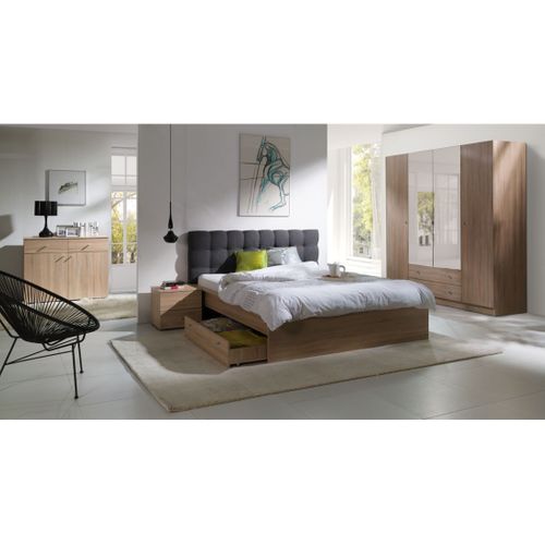 Lit 160x200 Maxim Avec Tiroir Et Sommier Coloris Chêne Clair Et Tête De Lit Grise