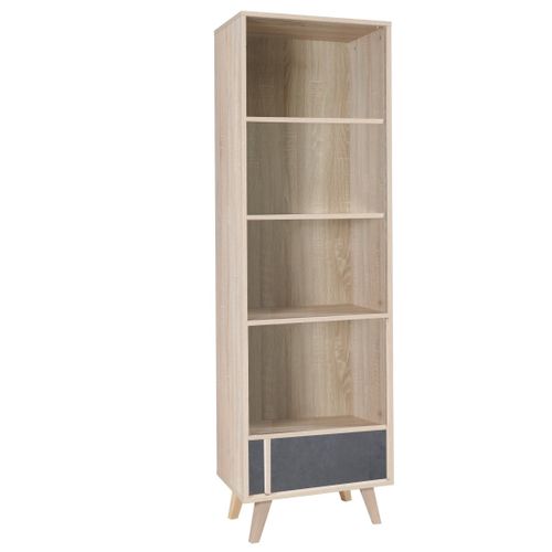 Bibliothèque Malmo Chêne Clair Et Gris – 1 Porte Et 4 Niches